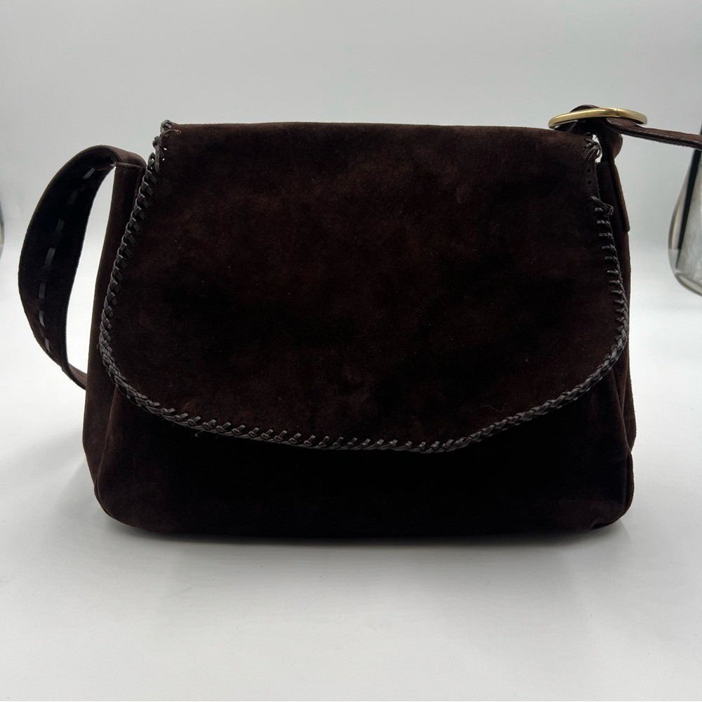 Vintage Eddie Bauer Brown Suede Shoulder Bag Whipstitch Boho Flap Purse 14x10x4